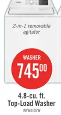 The Brick Whirlpool 4.8 Cu. Ft. Top Load Washer with 2-in-1 Removable Agitator - WTW4107SW offer