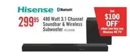 The Brick HISENSE 3.1 CH Dolby Audio DTS Virtual:X Soundbar with Wireless 480W Subwoofer (HS3100) offer