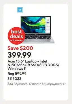Staples Acer 15.6 Laptop - Intel N150/256GB SSD/8GB DDR5/Windows 11 offer