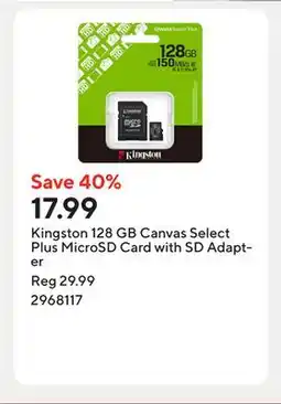 Staples Kingston 128 GB Canvas Select Plus MicroSD Card with SD Adapter offer