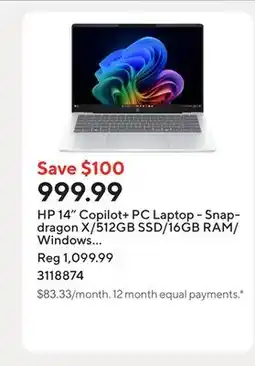 Staples HP 14 Copilot+ PC Laptop - Snapdragon X/512GB SSD/16GB RAM/Windows 11 Home offer