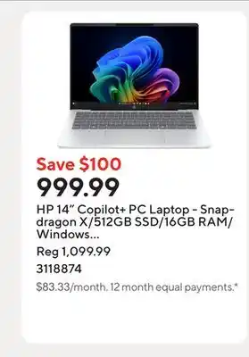 Staples HP 14 Copilot+ PC Laptop - Snapdragon X/512GB SSD/16GB RAM/Windows 11 Home offer