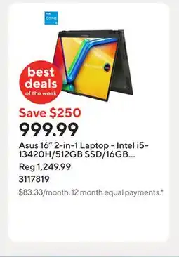 Staples Asus 16 2-in-1 Laptop - Intel i5-13420H/512GB SSD/16GB RAM/Touchscreen/Windows 11 Home offer