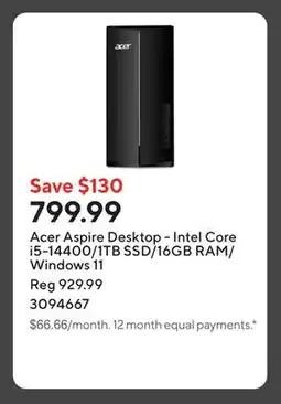 Staples Acer Aspire Desktop - Intel Core i5-14400/1TB SSD/16GB RAM/Windows 11 offer