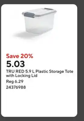 Staples TRU RED 5.9 L Plastic Storage Tote with Locking Lid offer