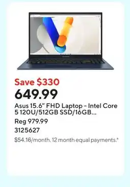 Staples Asus 15.6 FHD Laptop - Intel Core 5 120U/512GB SSD/16GB RAM/Windows 11 Home offer