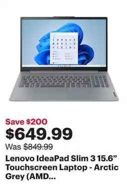 Best Buy Lenovo IdeaPad Slim 3 15.6 Touchscreen Laptop - Arctic Grey (AMD Ryzen 7 5825U/16GB RAM/512GB SSD) offer