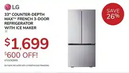 Goemans Appliances LG 33 COUNTER-DEPTH MAX FRENCH 3-DOOR REFRIGERATOR WITH ICE MAKER offer