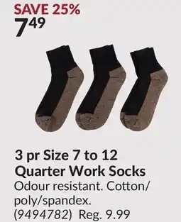 Princess Auto 3 pr Size 7 to 12 Quarter Work Socks offer