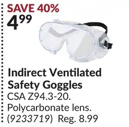 Princess Auto Indirect Ventilated Safety Goggles offer