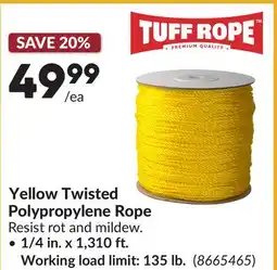 Princess Auto Yellow Twisted Polypropylene Rope 1/4 in. x 1,310 ft. Working load limit: 135 lb offer