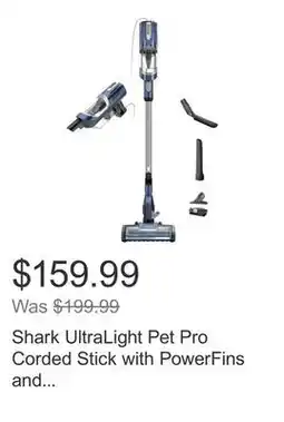 Costco Shark UltraLight Pet Pro Corded Stick with PowerFins and Self-Cleaning Brushroll offer