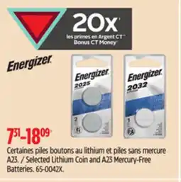 Canadian Tire Energizer Selected Lithium Coin and A23 Mercury-Free Batteries offer