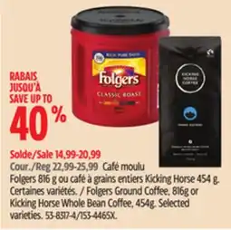 Canadian Tire Folgers Ground Coffee, 816g or Kicking Horse Whole Bean Coffee, 454g offer