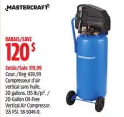 Canadian Tire 20-Gallon Oil-Free Vertical Air Compressor. 135 PSI offer