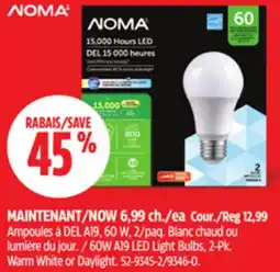 Canadian Tire NOMA 60W A19 LED Light Bulbs, 2-Pk. Warm White or Daylight offer