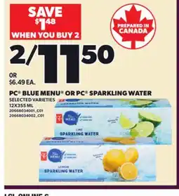 Loblaws PC BLUE MENU OR PC SPARKLING WATER, 12X355 ML offer