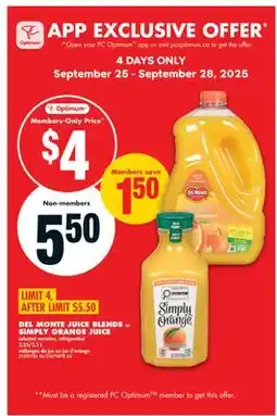 No Frills DEL MONTE JUICE BLENDS OR SIMPLY ORANGE JUICE 2.25/2.5 L offer