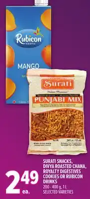 Metro SURATI SNACKS, DIVYA ROASTED CHANA, ROYALTY DIGESTIVES COOKIES OR RUBICON DRINKS offer