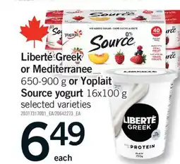 Fortinos LIBERTÉ GREEK OR MEDITERRANEE, 650-900 G OR YOPLAIT SOURCE YOGURT, 16X100 G offer