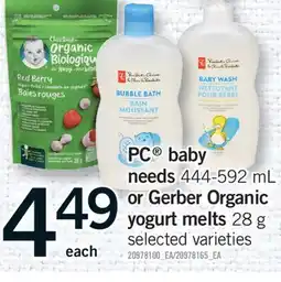 Fortinos PC BABY NEEDS, 444-592 ML OR GERBER ORGANIC YOGURT MELTS, 28 G offer