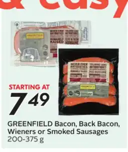Sobeys GREENFIELD Bacon, Back Bacon, Wieners or Smoked Sausages offer