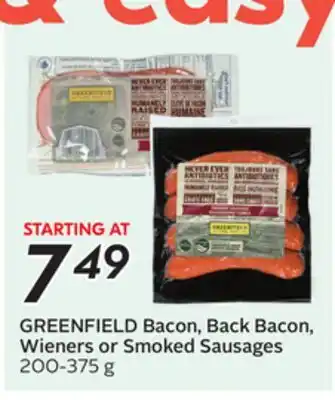 Sobeys GREENFIELD Bacon, Back Bacon, Wieners or Smoked Sausages offer