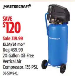 Canadian Tire Mastercraft 20-Gallon Oil-Free Vertical Air Compressor 135 PSI offer