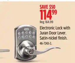 Canadian Tire Garrison Electronic Lock with Juran Door Lever. Satin-nickel finish offer
