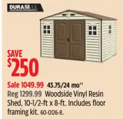 Canadian Tire Duramax Woodside Vinyl Resin Shed, 10-1/2-ft x 8-ft. Includes floor framing kit offer