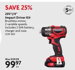 Home Hardware 20V 1/4 Impact Driver Kit offer