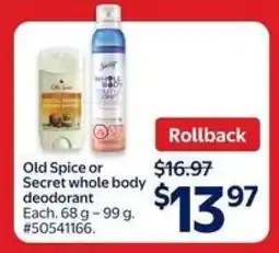 Walmart Old Spice or Secret Whole Body Deodorant offer