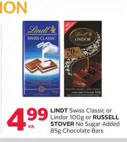 Rexall LINDT Swiss Classic or Lindor 100g or RUSSELL STOVER No Sugar Added 85g Chocolate Bars offer