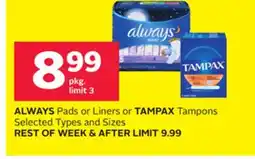 Rexall ALWAYS Pads or Liners or TAMPAX Tampons offer