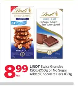 Rexall LINDT Swiss Grandes 150g-200g or No Sugar Added Chocolate Bars 100g offer