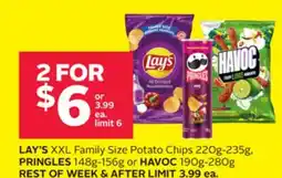 Rexall LAY'S XXL Family Size Potato Chips 220g-235g, PRINGLES 148g-156g or HAVOC 190g-280g offer