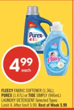 Shoppers Drug Mart FLEECY FABRIC SOFTENER (1.36L), PUREX (1.47L) or TIDE SIMPLY (946mL) LAUNDRY DETERGENT offer