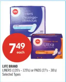 Shoppers Drug Mart LIFE BRAND LINERS (120's - 129's) or PADS (27's - 38's) offer