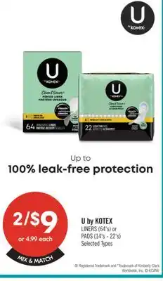 Shoppers Drug Mart U by KOTEX LINERS (64's) or PADS (14's-22's) offer