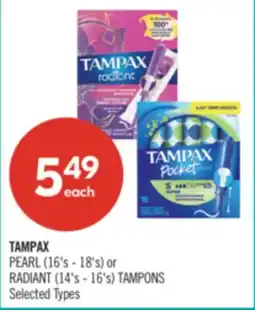 Shoppers Drug Mart TAMPAX PEARL (16's - 18's) or RADIANT (14's - 16's) TAMPONS offer