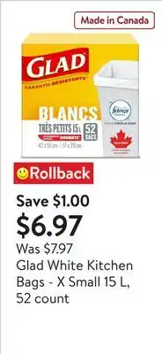 Walmart Glad White Kitchen Bags - X Small 15 L, 52 count offer