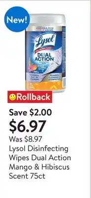 Walmart Lysol Disinfecting Wipes Dual Action Mango & Hibiscus Scent 75ct offer