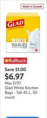 Walmart Glad White Kitchen Bags - Tall 45 L, 30 count offer