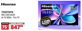 2001 Audio Video 75QD7QFM Hisense 75 Mini-LED QLED AI TV 60Hz - Fire TV offer