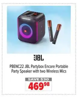 2001 Audio Video PBENC22 JBL Partybox Encore Portable Party Speaker with two Wireless Mics offer