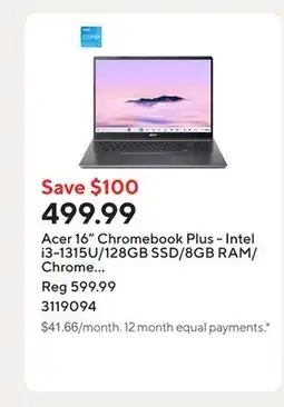 Staples Acer 16 Chromebook Plus - Intel i3-1315U/128GB SSD/8GB RAM/Chrome OS with 1 year of Google AI Pro offer