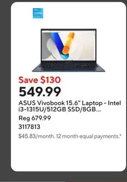 Staples ASUS Vivobook 15.6 Laptop - Intel i3-1315U/512GB SSD/8GB RAM/Windows 11 Home offer