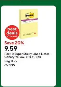 Staples Post-it Super Sticky Lined Notes - Canary Yellow, 4 x 6, 3pk offer