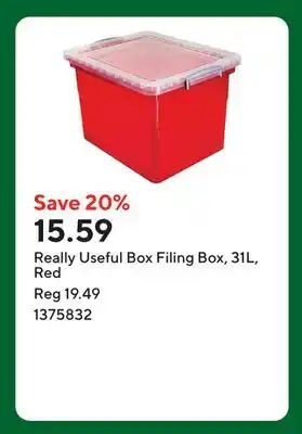 Staples Really Useful Box Filing Box, 31L, Red offer