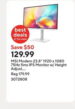 Staples MSI Modern 23.8 1920 x 1080 75Hz 5ms IPS Monitor w/ Height Adjust, Type-C offer